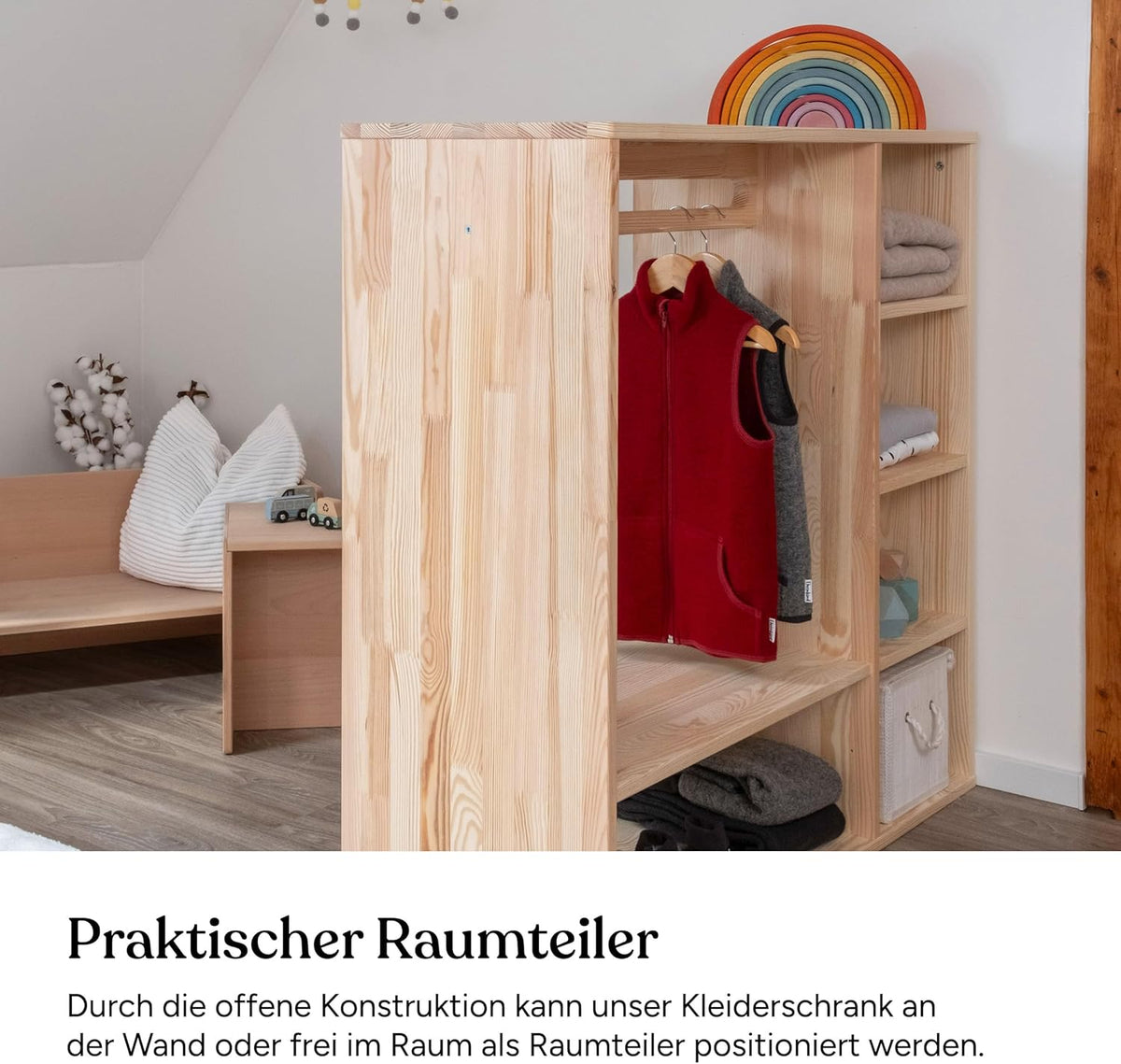 Ehrenkind® Montessori Kleiderschrank | Kinderregal Kiefer Natur | Kinderschrank FSC Zertifiziert | Garderobe für das Kinderzimmer in 100x100x40 | Kleiderschrank Kinderzimmer | Kinderzimmer Möbel
