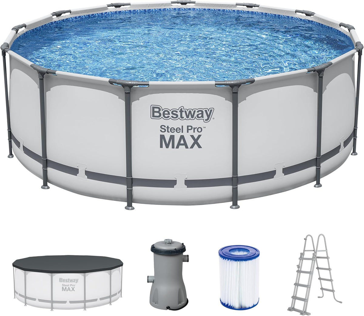 Bestway® Steel Pro MAXâ„?Aufstellpool Komplett-Set mit Filterpumpe Ø 396 x 122 cm, lichtgrau, rund