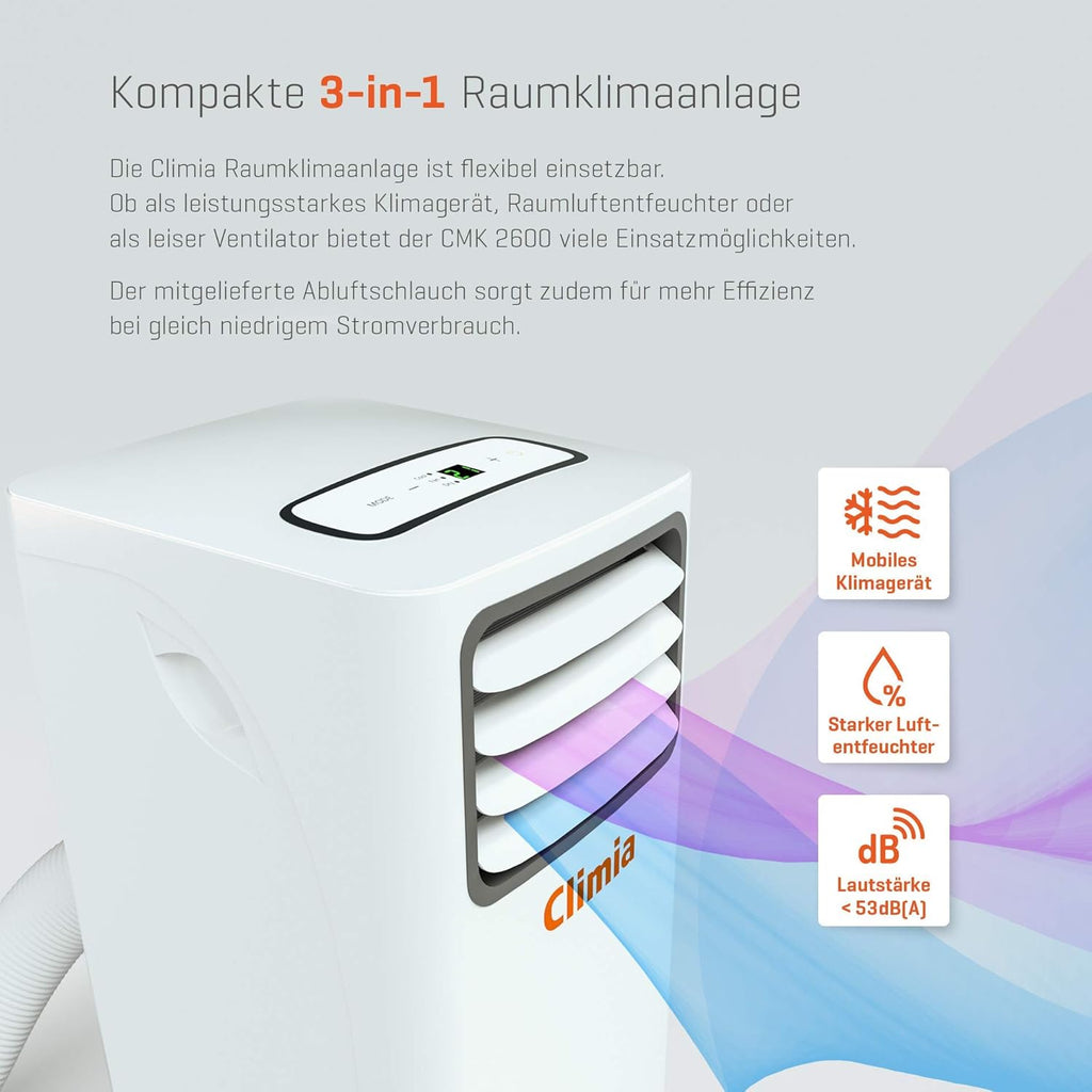 Climia CMK 2600 mobiles Klimagerät mit ökologischem Kühlmittel, 3-in-1 Klimaanlage â€?Aircondition, Ventilator und Luftentfeuchter