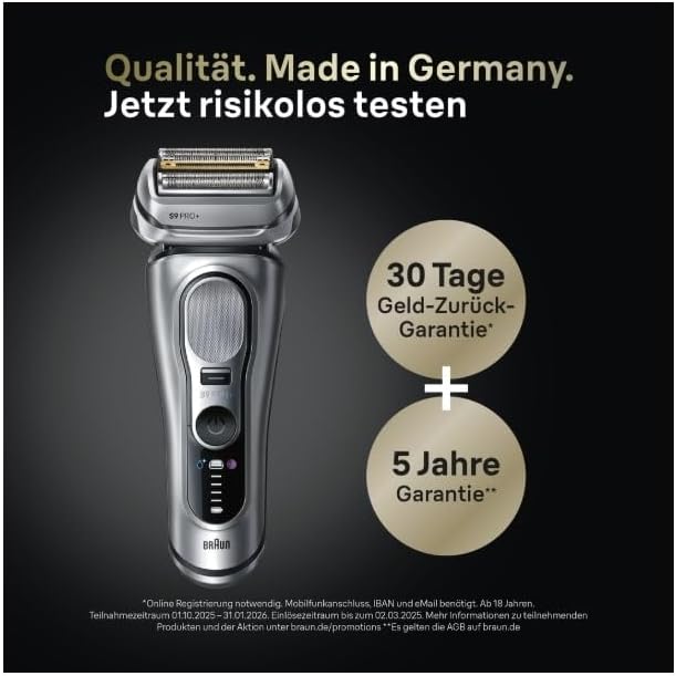 Braun Series 9 Pro+ Rasierer Herren Elektrisch, Elektrorasierer mit 5 Pro Rasierelementen, Rasierapparat ProTrimmer & Reinigungsstation, 60 Min Laufzeit, Made in Germany, 9567cc, Silber