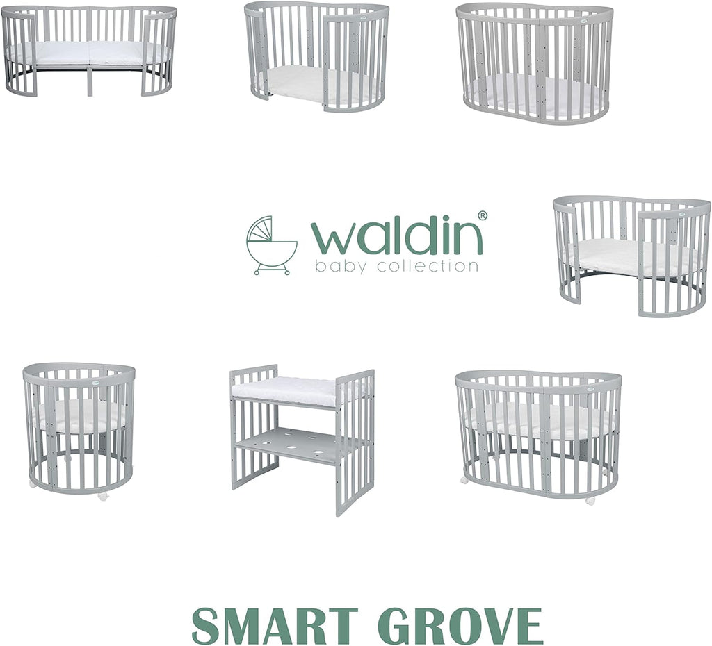 Waldin Oval Baby-Bett Mitwachsend Komplett Set 7in1, Gitterbett, Kinderbett mit Matratze, Wickelkommode, Beistellbett, Holz Weiß
