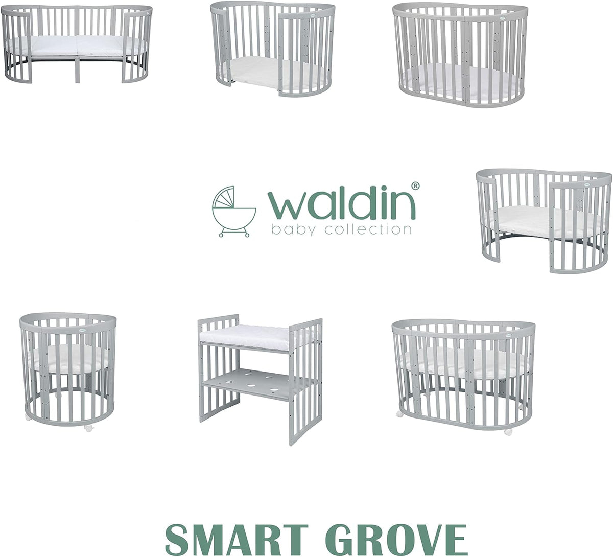Waldin Oval Baby-Bett Mitwachsend Komplett Set 7in1, Gitterbett, Kinderbett mit Matratze, Wickelkommode, Beistellbett, Holz Weiß