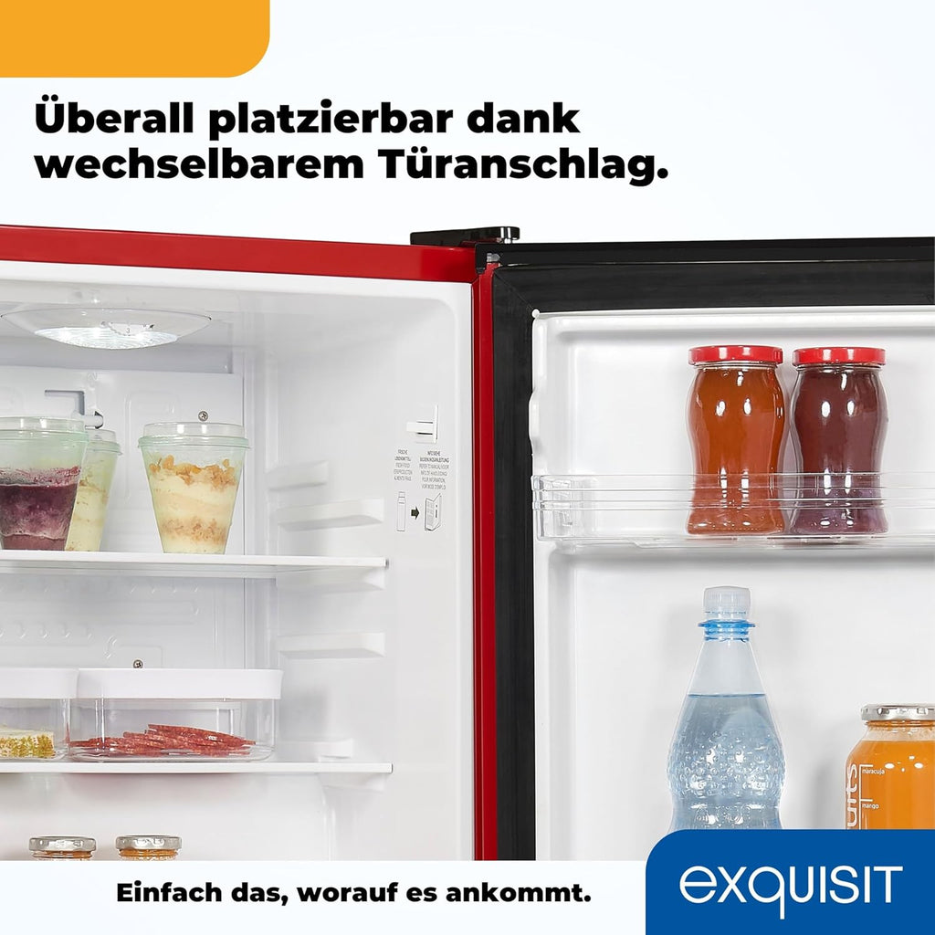 Exquisit Mini Kühlschrank KB60-V-090E rot | 52 l Nutzinhalt | LED-Innenbeleuchtung | Glasablagen | 45cm Breite