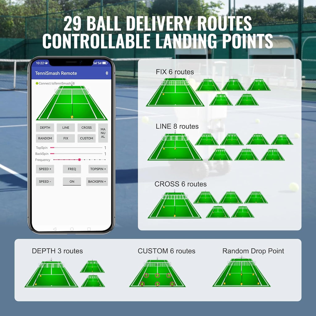 VEVOR Tennisballmaschine, tragbarer Tennisballwerfer, Übungswerfer für 150 Bälle, Tennistraining, 5 Motoren, Multimodus-Übungen, über 2 Std. Spielzeit, wiederaufladbarer Akku, Fernbedienung per App