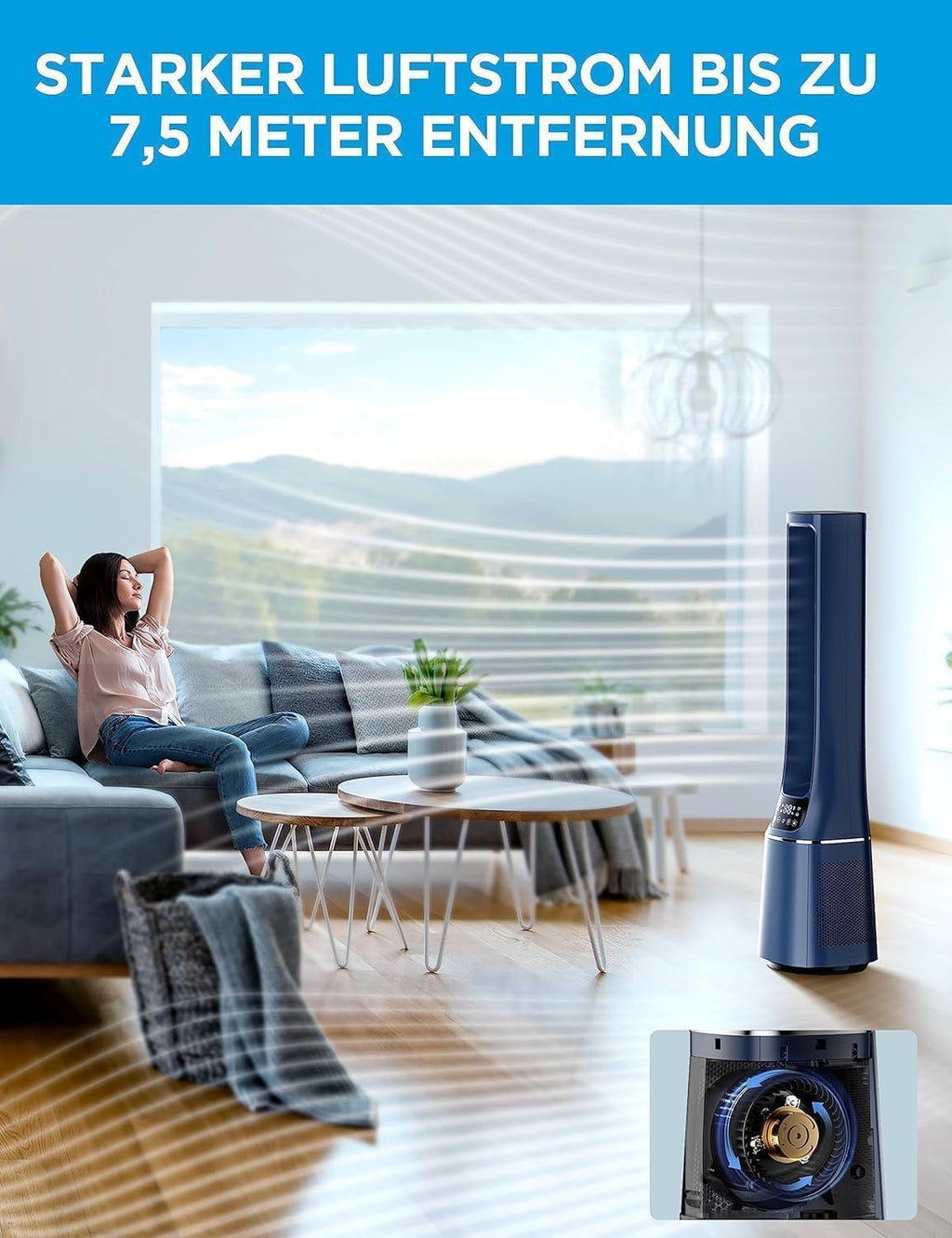 Midea MFP-120i (BL) 2 in 1 Turmventilator Leise 38dB Luftreiniger H13 True HEPA auf 47.6 ãŽ?LED Display Fernbedienung Oszillation 12H Timer Kompatibel für Wireless Connection App Alexa Google