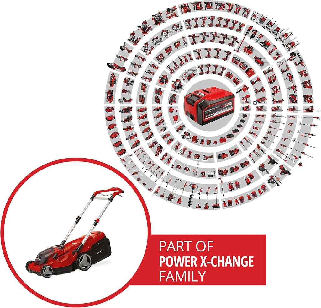 Einhell Akku-Rasenmäher RASARRO 36/38 Kit Power X-Change (36 V, 38 cm Schnittbreite, 450 m², Brushless, Mulchfunktion, 45L Fangkorb, inkl. 2x 4,0 Ah Akkus + Twincharger)