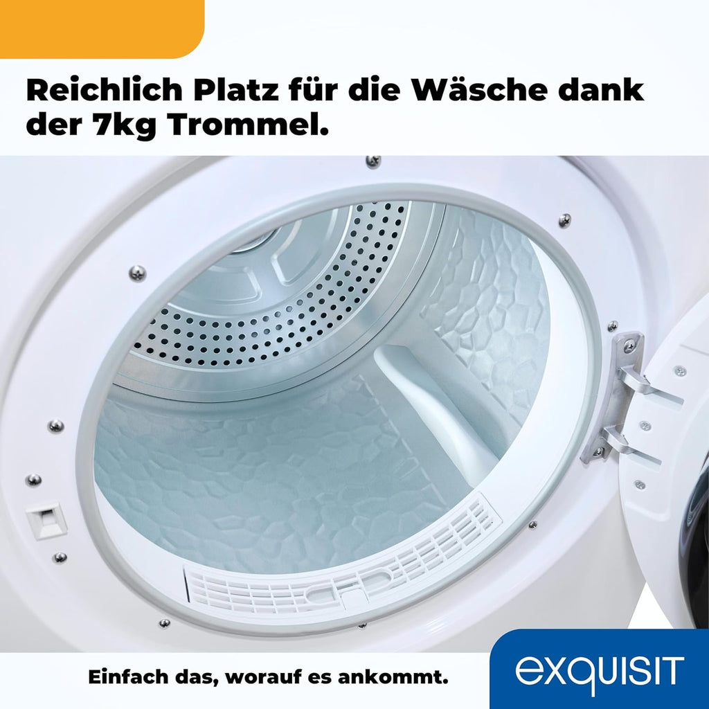 Exquisit Wäschetrockner 7kg, Trockner, Startzeitvorwahl, Knitterschutz, Ablufttrockner, 15 Programme, Kindersicherung, Energieklasse G, TAE70-70 weiss