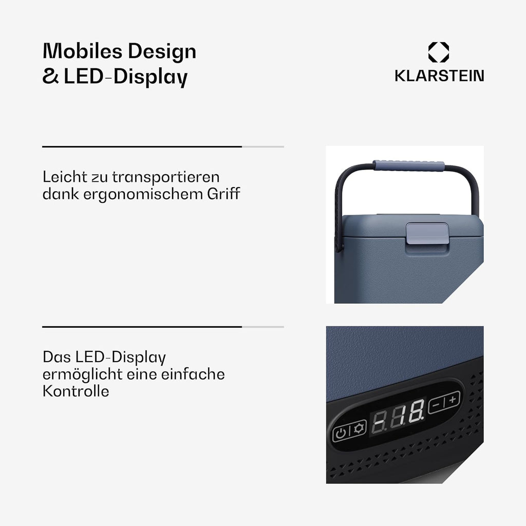 Klarstein SwiftFrost 12L Kompressor Kühlbox mit Gefrierfach â€?tragbare elektrische Kühlbox, LED-Anzeige, Dual Power (12 V/230 V), â€?0 °C bis 20 °C, ECO- und MAX-Modus, ideal für Camping und Auto