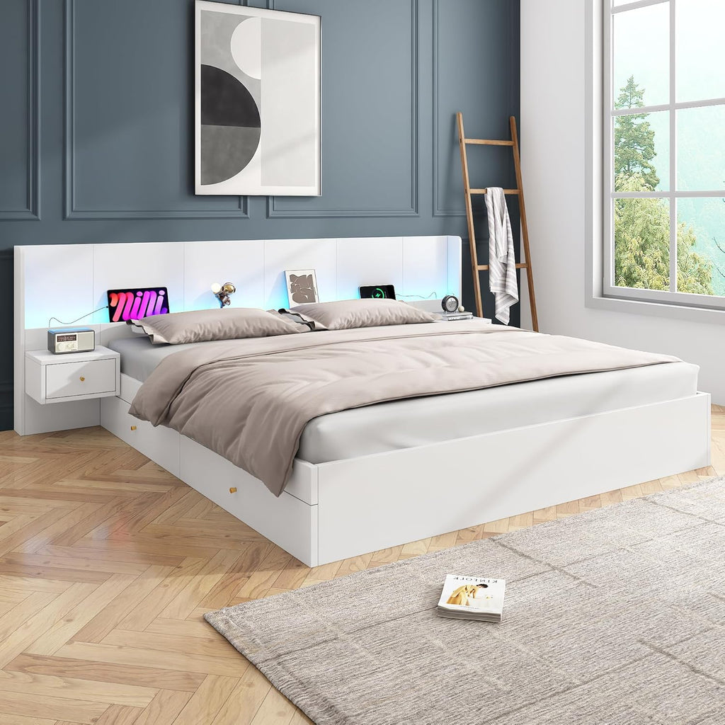 Doppelbett Bett 180x200 mit Stauraum 2 Schubladen, Extrabreiter LED-Kopfteil mit 2 Nachttischen & USB-Buchse, Holzbett Stauraumbett Bettgestell mit Lattenrost, Jugendbett, Ohne Matratze, Weiß