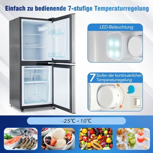 Merax Retro Kühlschrank mit Gefrierfach â€?106L Mini Kühlschrank, 60L Kühlschrank + 46L Gefrierschrank, 7 Temperatureinstellungen, LED-Licht, Silber-Tür, 166 kWh/Jahr, Energieklasse E