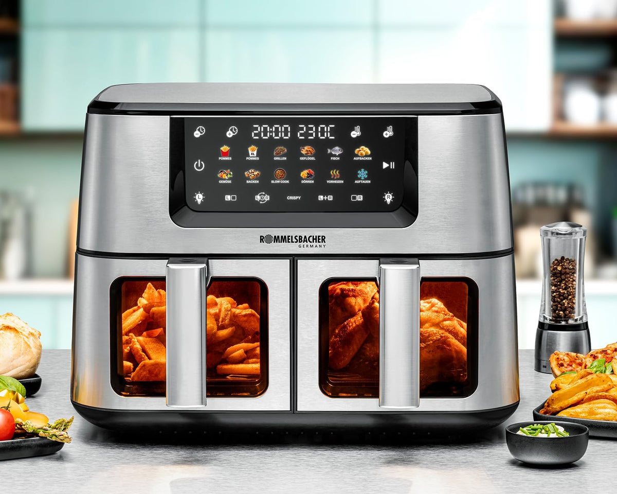 ROMMELSBACHER Doppel Heißluft Fritteuse FRH 2650, 2 Körbe a 5,5 Liter, 40 bis 230 °C, 12 Programme, Sichtfenster, Innenraumbeleuchtung, PFAS-frei, Match-und Sync-Funktion, gleichmäßige Wärmeverteilung