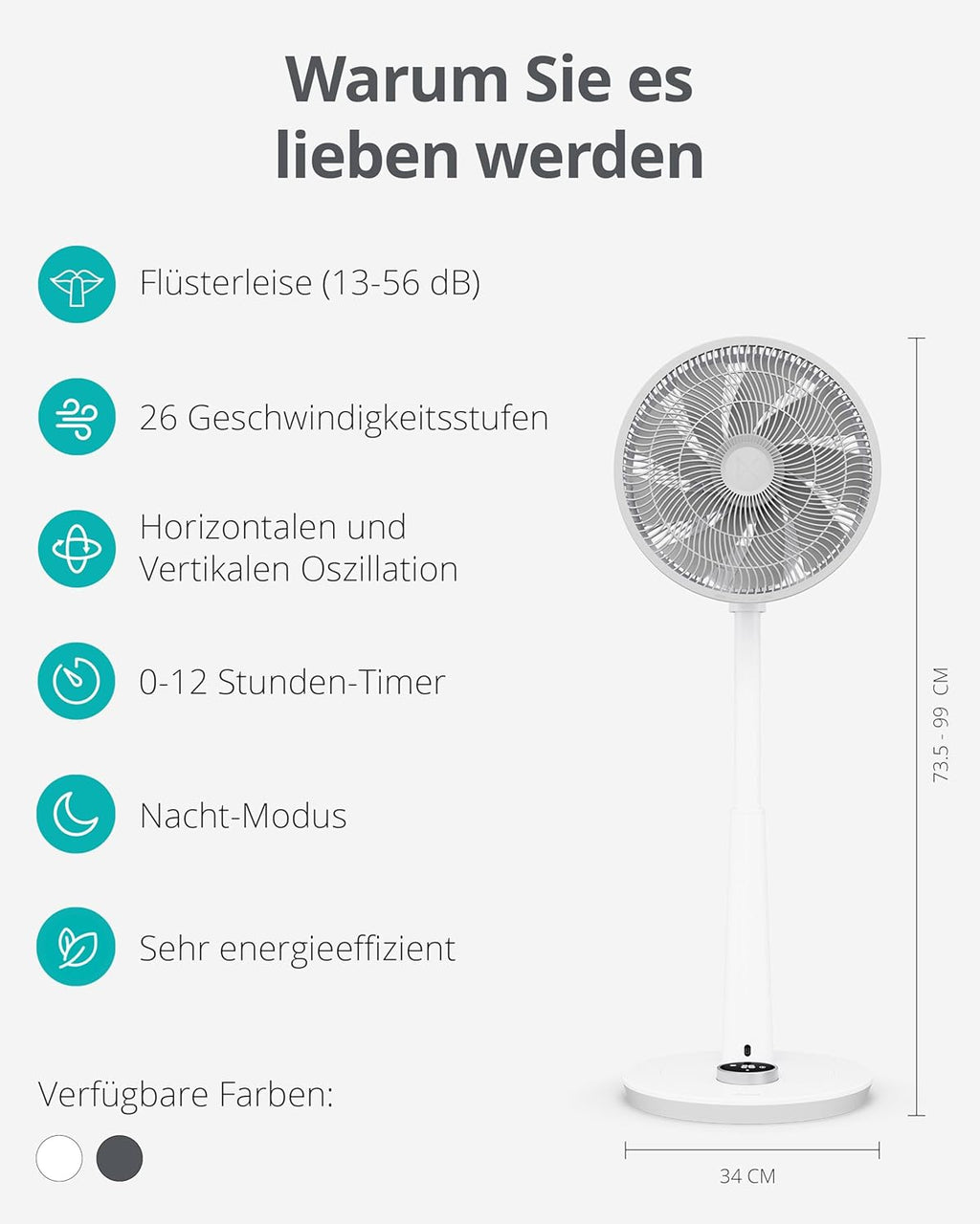 Duux Whisper 2 Standventilator Leise - Sparsamer DC-Motor mit 26 Geschwindigkeiten - Ventilator Höhenverstellbar (73-95cm) - Horizontale + Vertikale Oszillation - Weiß