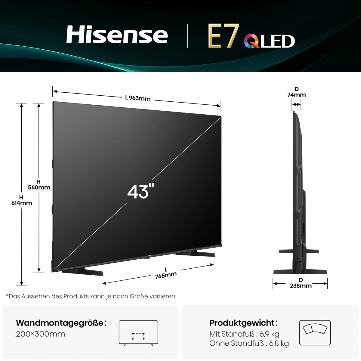 Hisense 43E7Q Fehrnseher, 43 Zoll, 4K UHD QLED, Smart TV, Game Mode Plus, Filmaker Mode, Dolby Vision Atmos, HDR10, HLG, HDR Immersive, AI 4K Upscaler, Dolby MS12, DTS X, Sprachsteuerung 2025