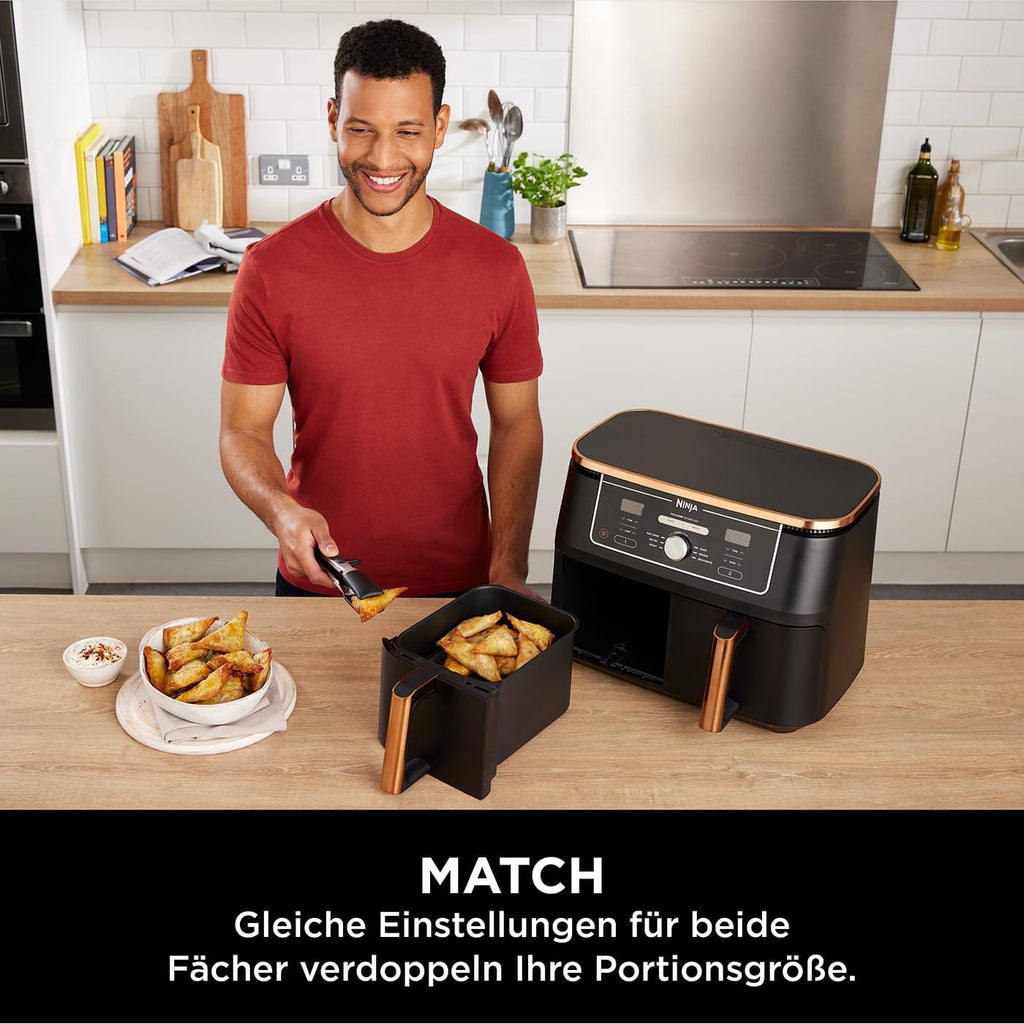 Ninja Foodi MAX Dual Zone Heißluftfritteuse AF400EUCP Amazon Exclusive, â€?470 Watt , 9,5 L, 2 Heißluft-Frittierfächer, 6 Funktionen, 27 x 41.5 x 32.5 cm, Kupfer/Schwarz