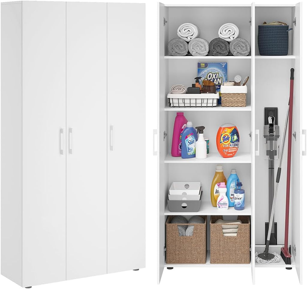 Bellamio Apol Mehrzweckschrank Weiß â€?Besenschrank 90 cm breit mit Stauraum â€?Putzschrank mit Staubsaugerfach â€?Vorratsschrank Küche - Aktenschrank aus Holz - Flurschrank â€?Aufbewahrungsschrank