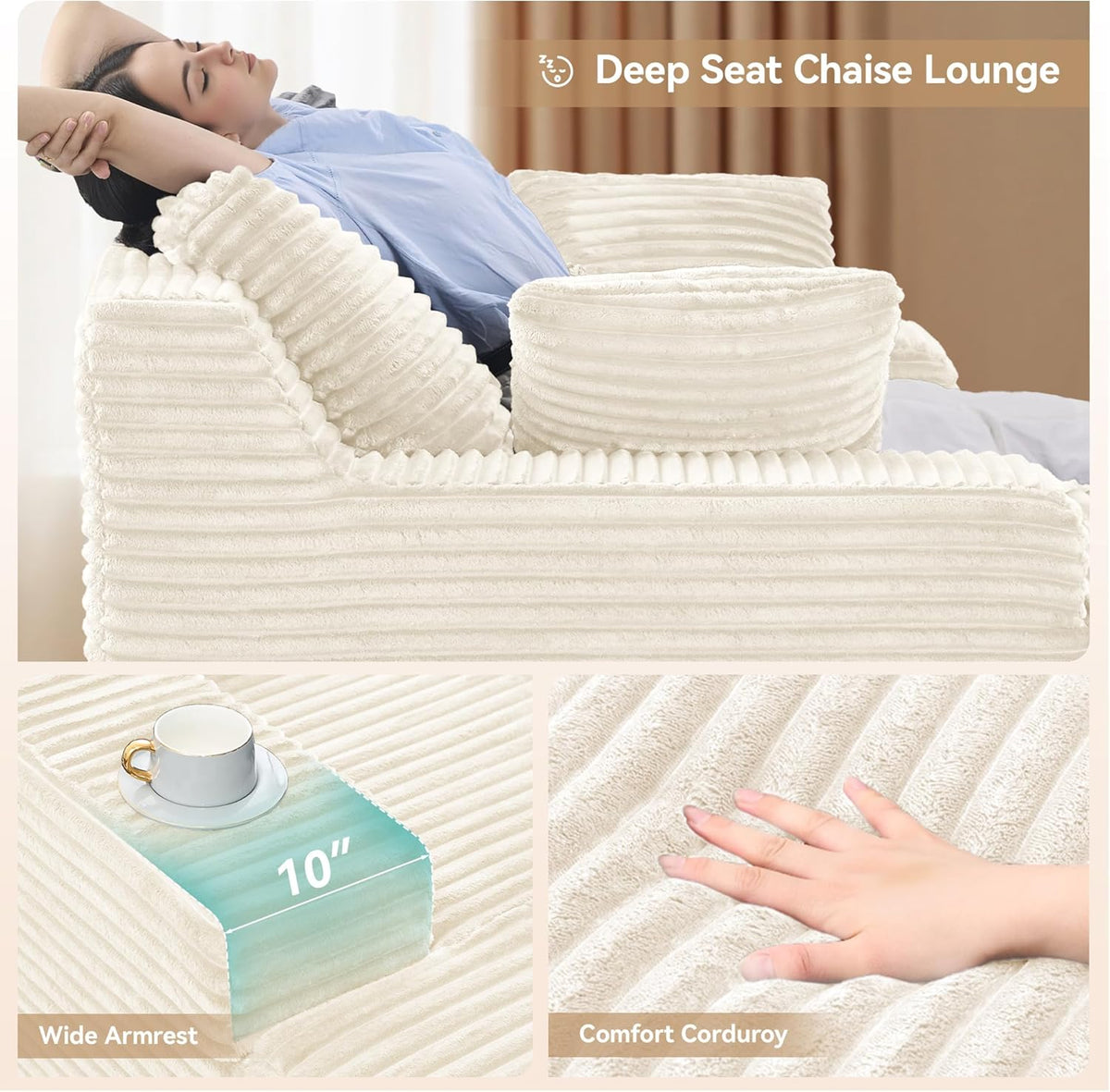 Boneless Couch Modernes Cord Bodensofa mit Schlaffunktion - Cloud Sofa mit Chaiselongue, 3 Kissen, Bequeme Sofa Couch für Wohnzimmer, Keine Montage erforderlich, Beige, 172   130   71
