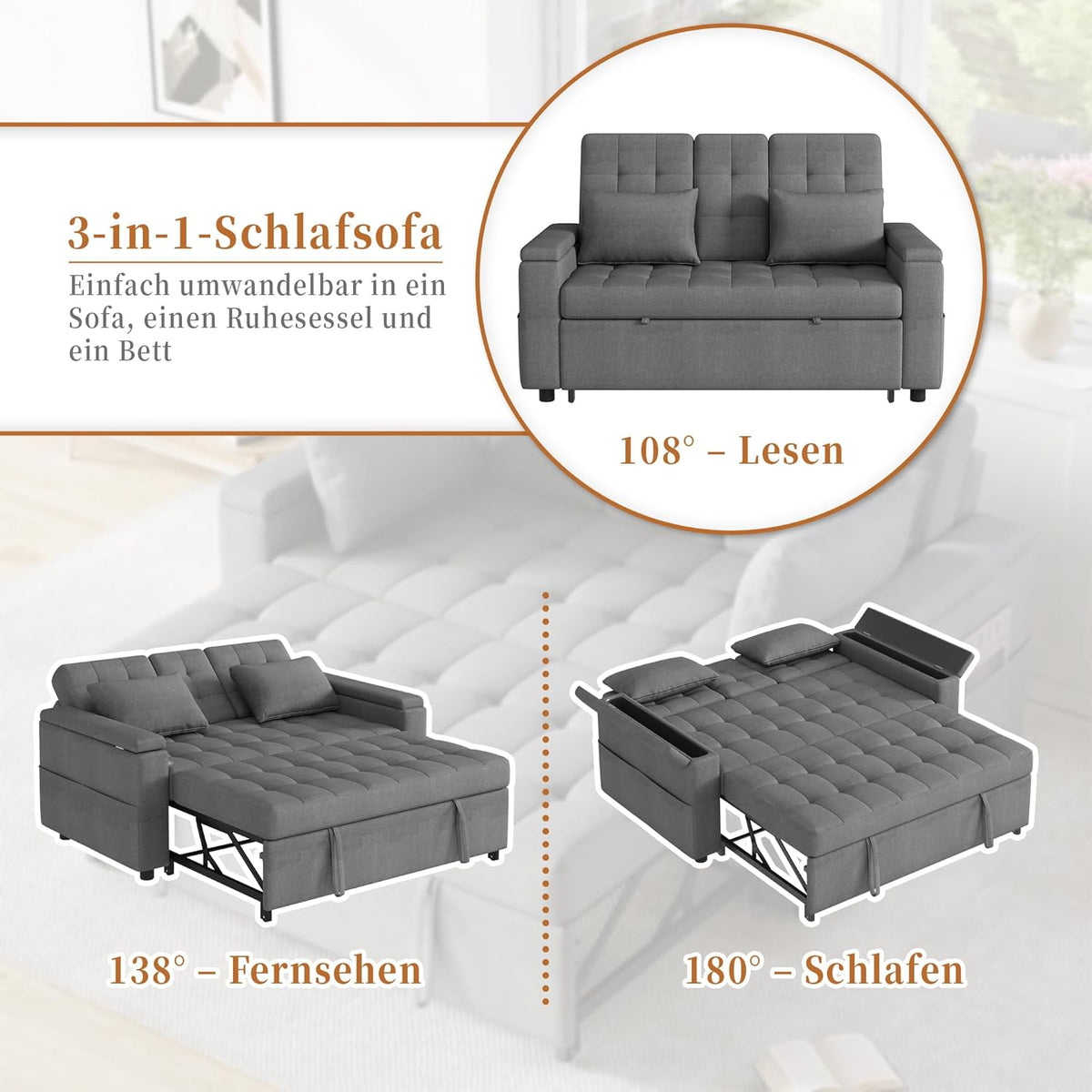 2-Sitzer Schlafsofa mit Stauraum und Verstellbarer Rückenlehne, Sofa mit Armlehnen-Staufächern und Kissen, Vielseitiges Klappsofa für Wohnzimmer, Schlafzimmer oder Wohnung (Grau)