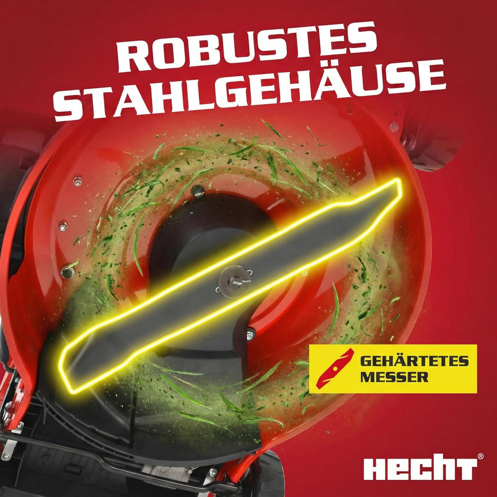 HECHT 5-IN-1 Benzin Rasenmäher - leistungsstarker 4 Takt Eco Motor 4,4 kW (6,0 PS) - Elektrostart - 53 cm Schnittbreite - 75 l Fangkorb - Radantrieb - patentierte Räder - Mulchmäher