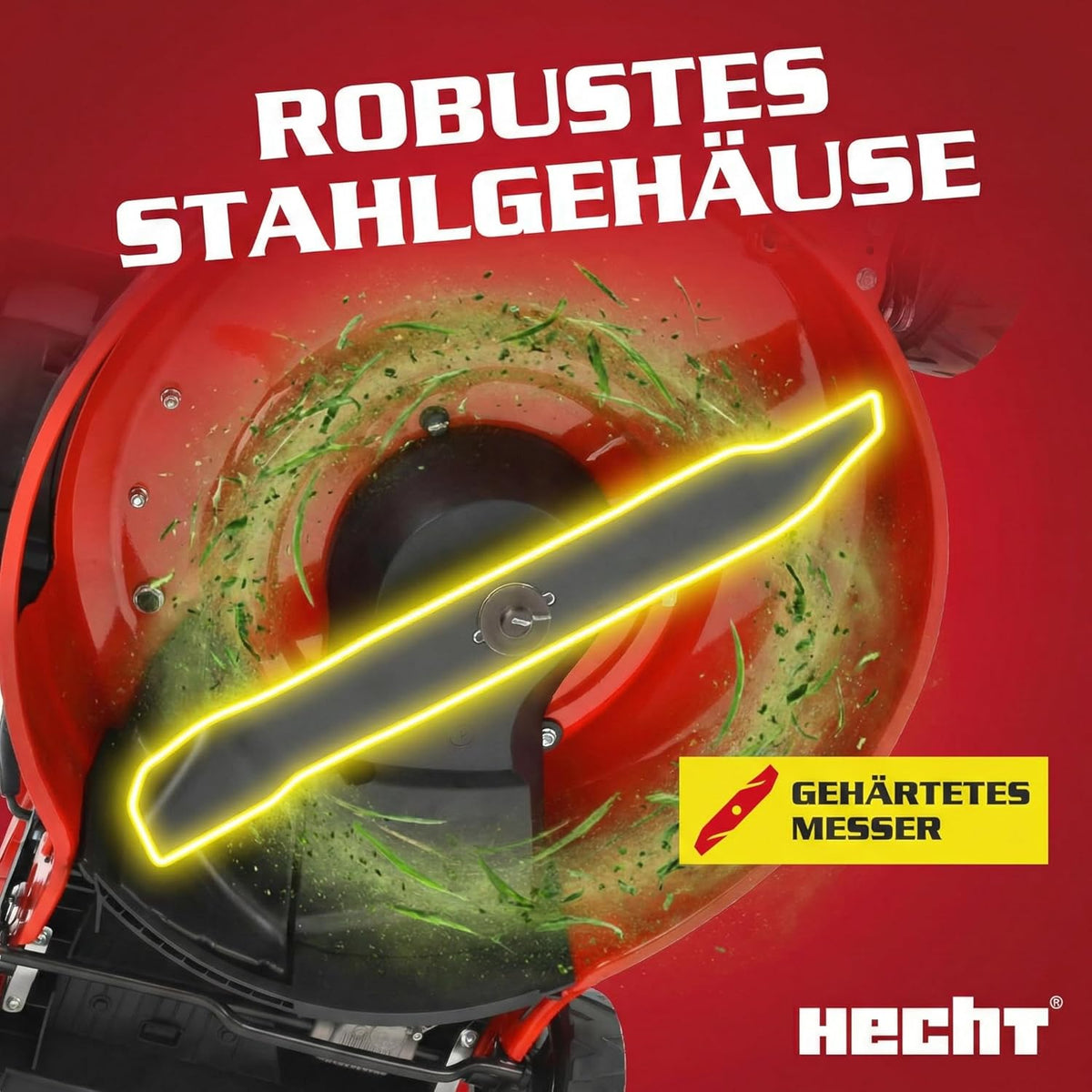 HECHT 5-IN-1 Benzin Rasenmäher - leistungsstarker 4 Takt Eco Motor 4,4 kW (6,0 PS) - Elektrostart - 53 cm Schnittbreite - 75 l Fangkorb - Radantrieb - patentierte Räder - Mulchmäher