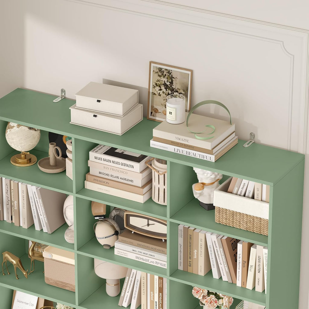 FirFurd 209 cm Bücherregal mit Türen Bücherschrank mit 15 Fächern Vitrinenschrank Hochschrank Holz Mehrzweckschrank groß für Wohnzimmer Arbeitszimmer Küche 150 x 23,7 x 209 cm Grün