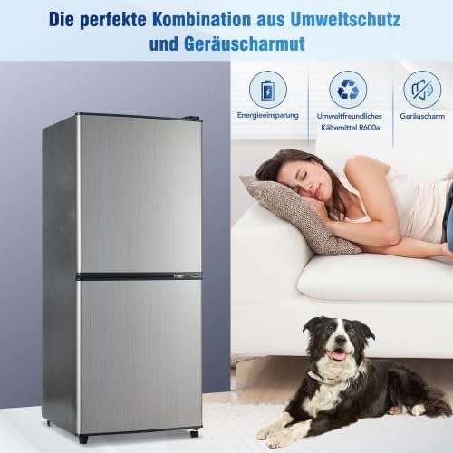 Merax Retro Kühlschrank mit Gefrierfach â€?106L Mini Kühlschrank, 60L Kühlschrank + 46L Gefrierschrank, 7 Temperatureinstellungen, LED-Licht, Silber-Tür, 166 kWh/Jahr, Energieklasse E