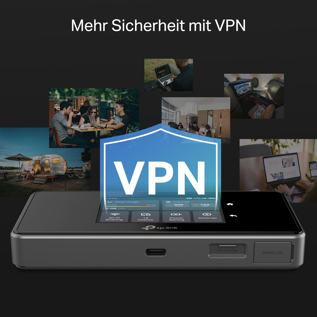 TP-Link M8550 5G LTE Mobiler WLAN Router â€?Bis zu 3,4 Gbit/s, Tri-Band Wi-Fi 6E, Nano-SIM-Karten Slot, Gigabit WAN/LAN, 4680 mAh Akku, Touchscreen, Wireguard, bis zu 32 Geräte