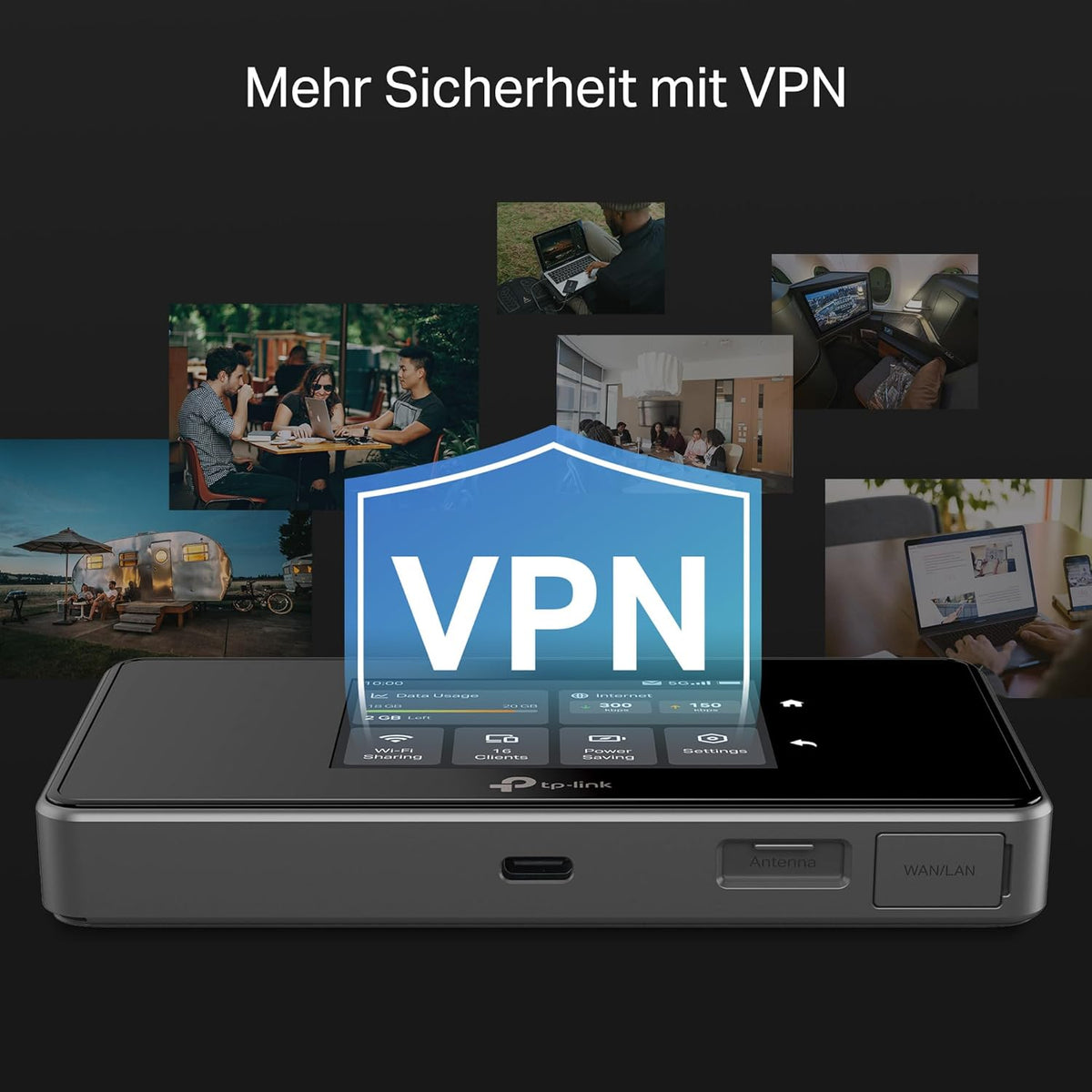 TP-Link M8550 5G LTE Mobiler WLAN Router â€?Bis zu 3,4 Gbit/s, Tri-Band Wi-Fi 6E, Nano-SIM-Karten Slot, Gigabit WAN/LAN, 4680 mAh Akku, Touchscreen, Wireguard, bis zu 32 Geräte