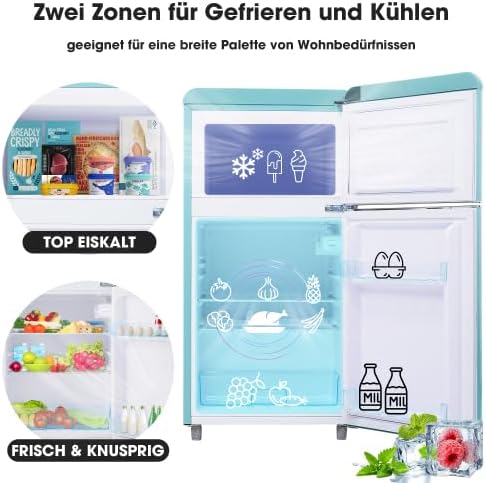Merax Retro Kühlschrank mit Gefrierfach â€?72L Mini Kühlschrank, 21L Gefrierfach, 120 kWh/Jahr, Energieklasse E, LED-Licht, Cyan â€?Ideal für kleine Haushalte