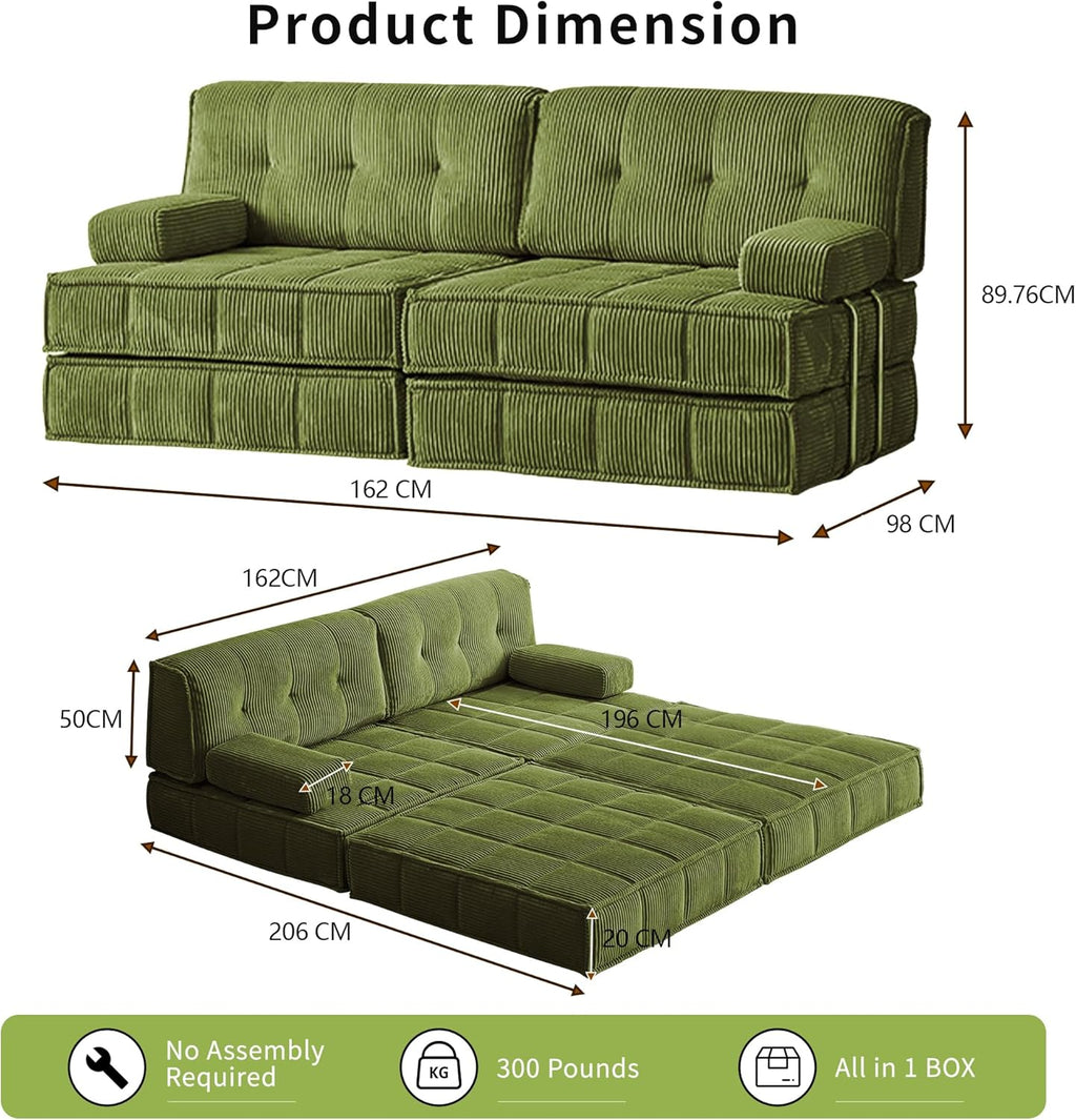6 in 1 Schlafsofa 160x100cm,Klappbare Matratze 200x160cm mit festem Rahmen, bequemer ausklappbarer Futon, 4-Sitzer Gästesofa modularer Loveseat ohne Federkern für Wohnzimmer