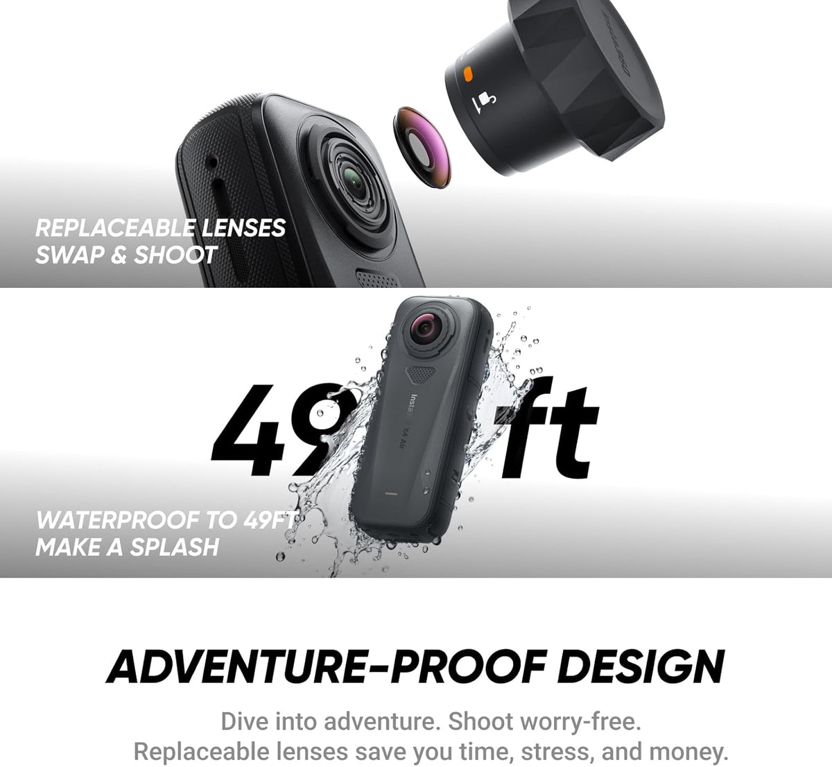 X4 Air Motorrad-MultiView-Bundle - 165 g leichte 8K 360°-Kamera, Unsichtbarer Selfie-Stick, auswechselbare Linsen, Aufnehmen  und  dann ausrichten, integr. Windschutz, FlowState-Stabilisierung