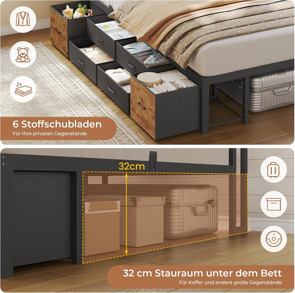 Bett 90x200 mit Stauraum Schlafsofa mit Integriertem Bücherregal & 6 Schubladen,Jugendbett mit LED-Beleuchtung & Ladestation Gästebett Tagesbett Bettgestell mit Lattenrost(Vintage Braun, 90x200cm)