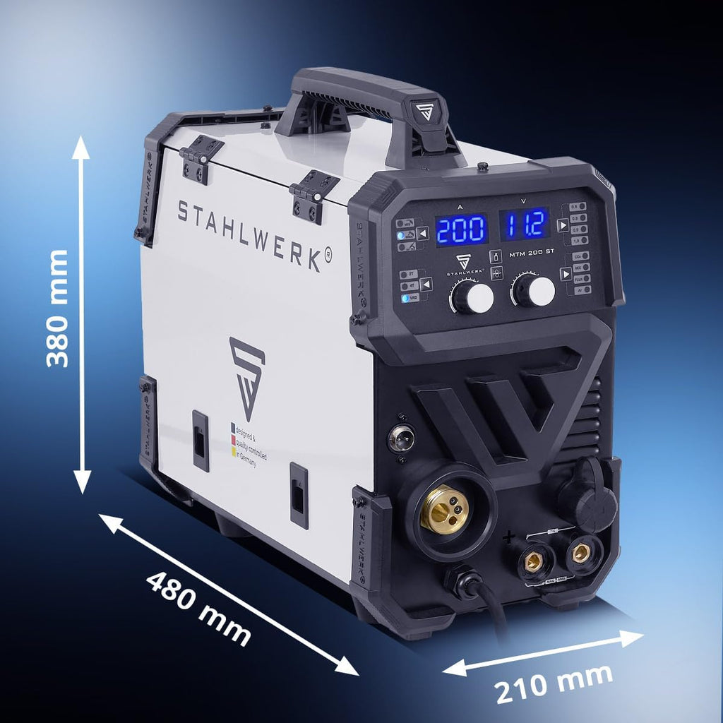 STAHLWERK Schutzgasschweißgerät 3-in-1 Kombi MTM-200 ST â€?Vollausstattung â€?WIG, MIG/MAG, MMA/E-Hand bis 200 A, synergischer Drahtvorschub, 4-Rollen-Antrieb, Fülldraht geeignet, Stahl, Dünnblech