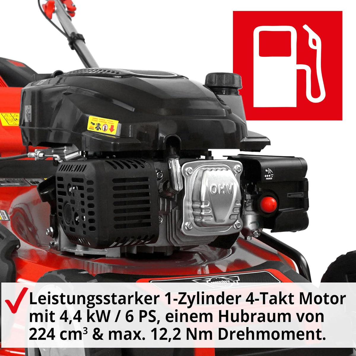 HECHT 5-IN-1 Benzin Rasenmäher â€?leistungsstarker 4 Takt Eco Motor 4,4 kW (6,0 PS) â€?Seilzug Starter â€?mit 53 cm Schnittbreite â€?75 l Fangkorb â€?Radantrieb â€?patentierte Räder â€?EasyClean â€?Mulchmäher