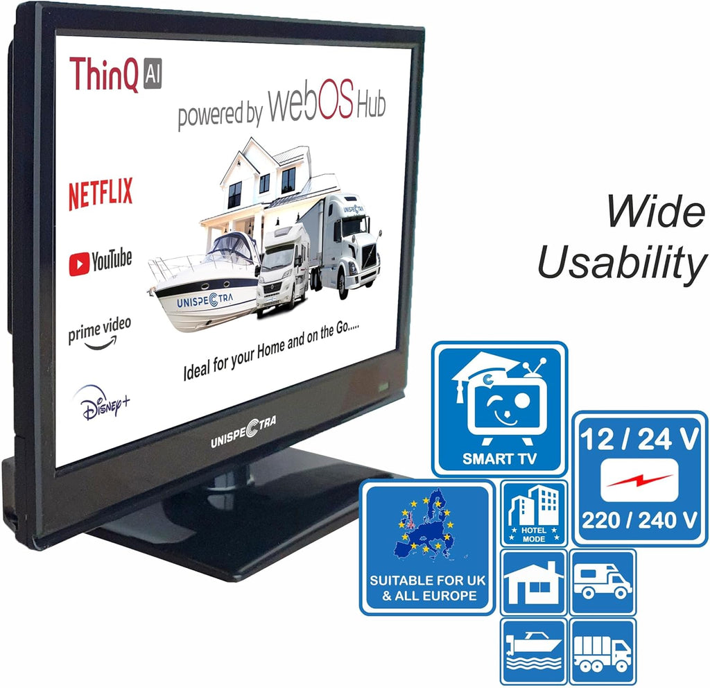 Unispectra® 16â€?Smart TV (webOS) Full HD 230V 24V Triple Tuner: Sat, Antenne, Kabel TV, 3xHDMI, 2xUSB, Magic Remote. 12V Fernseher für Wohnmobile, Wohnwagen, LKWs, Lieferwagen, Boote