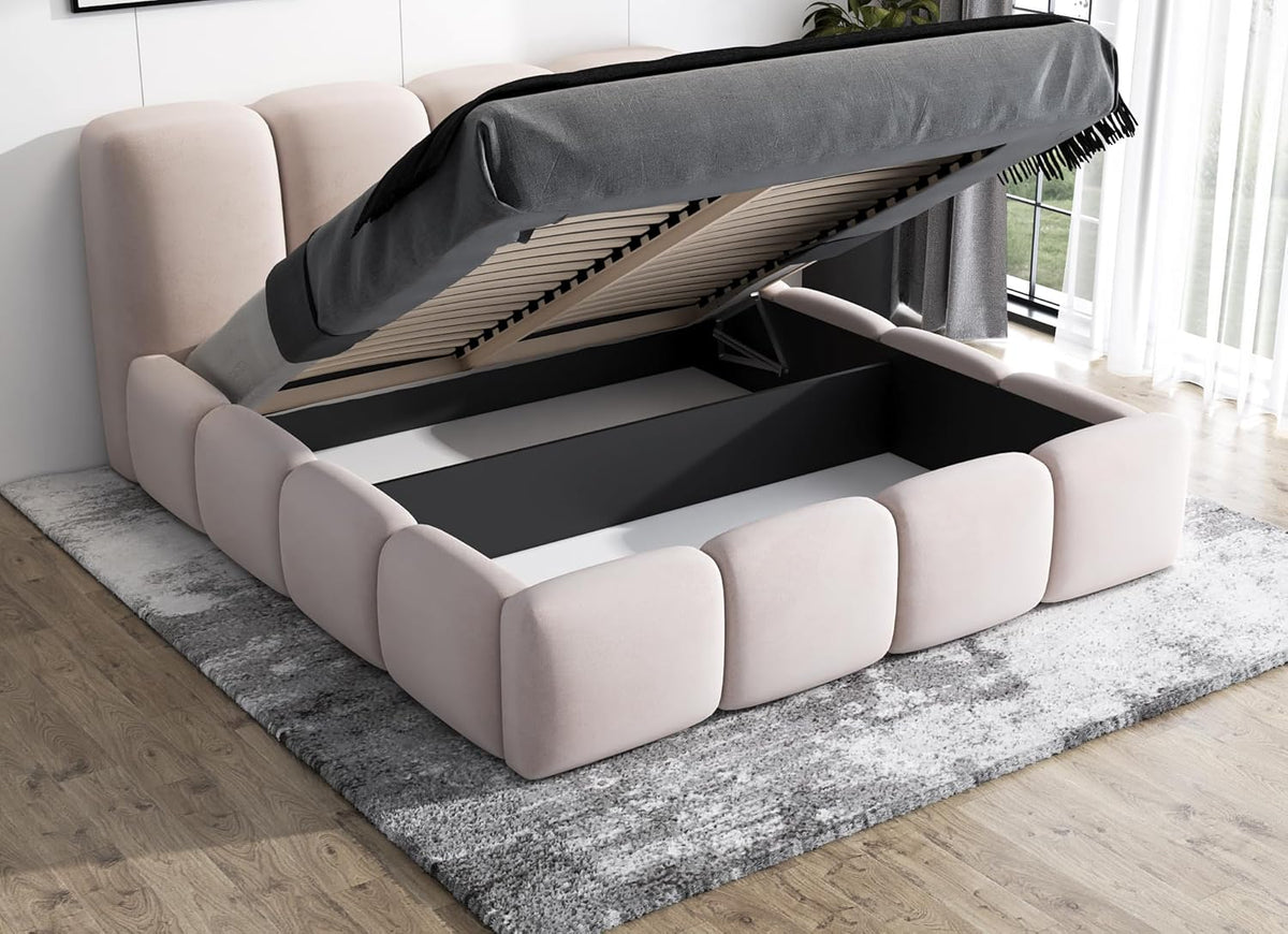 A&J MöbelLand Polsterbett 120x200 mit Bettkasten und Lattenrost â€?DONA-OM, Bett mit Stauraum in Beige ohne Matratze