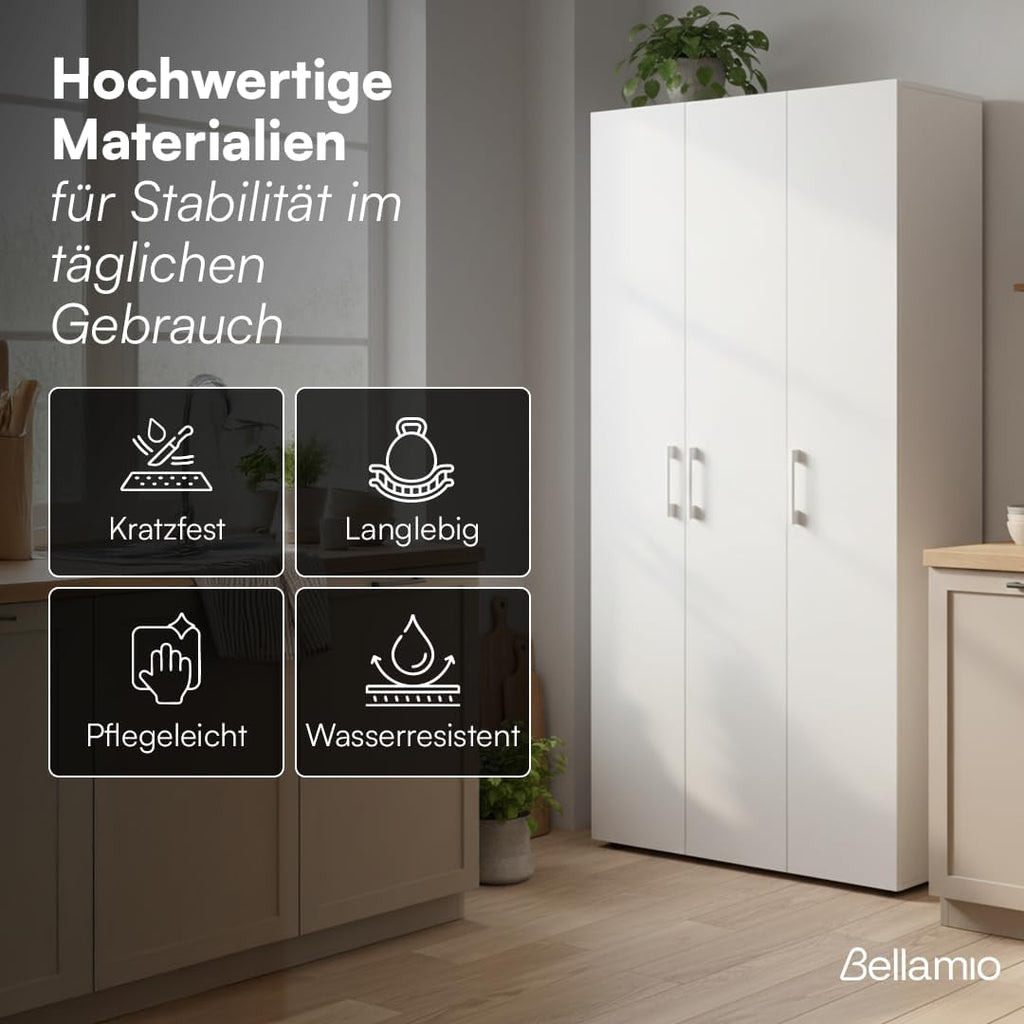 Bellamio Apol Mehrzweckschrank Weiß â€?Besenschrank 90 cm breit mit Stauraum â€?Putzschrank mit Staubsaugerfach â€?Vorratsschrank Küche - Aktenschrank aus Holz - Flurschrank â€?Aufbewahrungsschrank
