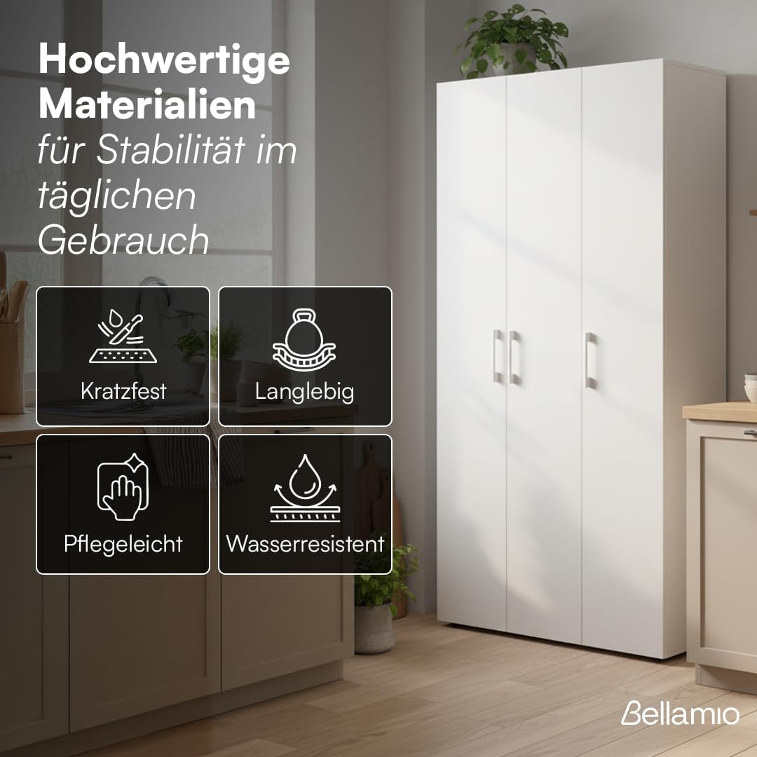 Bellamio Apol Mehrzweckschrank Weiß â€?Besenschrank 90 cm breit mit Stauraum â€?Putzschrank mit Staubsaugerfach â€?Vorratsschrank Küche - Aktenschrank aus Holz - Flurschrank â€?Aufbewahrungsschrank