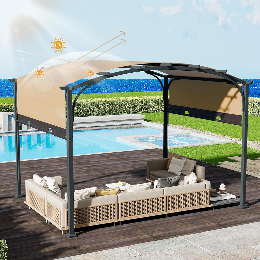 Pergola mit Schiebedach, 3,3 × 2,7 m Wasserdichtes Gartenpavillon mit Metallpfosten, Gebogenem Dach für Terrasse, Garten oder Deck, UV-Schutz, Beige
