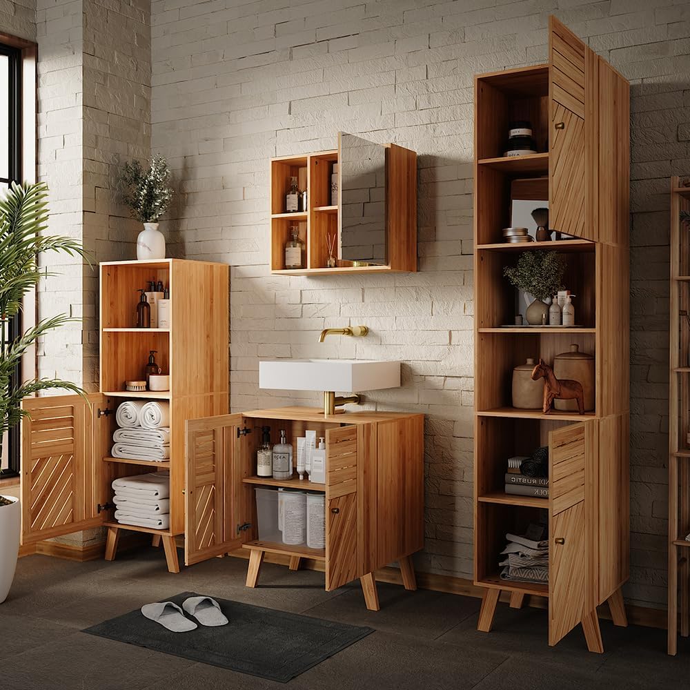 Vicco Badmöbel-Set Lucie, Bambus, 60 cm, besteht aus Waschbeckenunterschrank, Spiegelschrank, Hochschrank und Midischrank