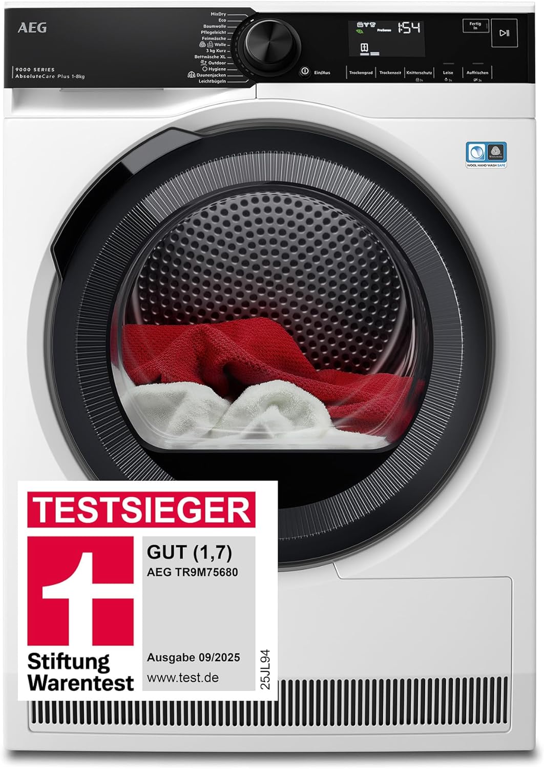 AEG Wärmepumpentrockner 8 kg, Testsieger der Stiftung Warentest 2025, Serie 9000: AbsoluteCarePlus Daunentrocknung, Punktgenaue Trockenergebnisse mit 3D-Scan Restfeuchteermittlung, TR9M75680