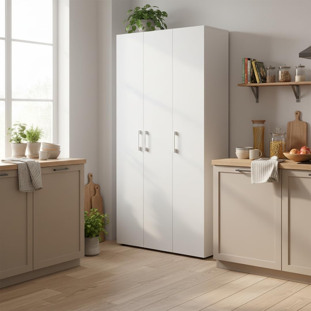 Bellamio Apol Mehrzweckschrank Weiß â€?Besenschrank 90 cm breit mit Stauraum â€?Putzschrank mit Staubsaugerfach â€?Vorratsschrank Küche - Aktenschrank aus Holz - Flurschrank â€?Aufbewahrungsschrank