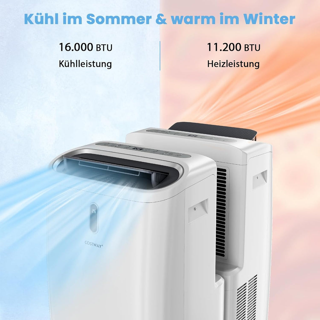COSTWAY Klimaanlage mobil 16000BTU, Klimagerät mit Abluftschlauch, 5 in 1 Kühlen & Heizen & Entfeuchten & Belüften & Schlafmodus für Räume bis zu 150 m³, Fernbedienung/App, 24H Timer, 4700W, â‰?7dB