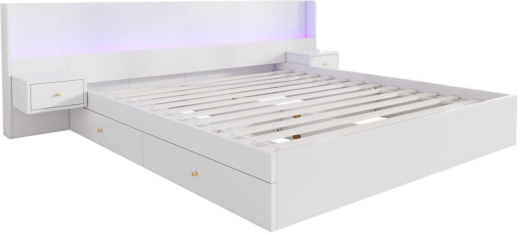 Doppelbett Bett 180x200 mit Stauraum 2 Schubladen, Extrabreiter LED-Kopfteil mit 2 Nachttischen & USB-Buchse, Holzbett Stauraumbett Bettgestell mit Lattenrost, Jugendbett, Ohne Matratze, Weiß