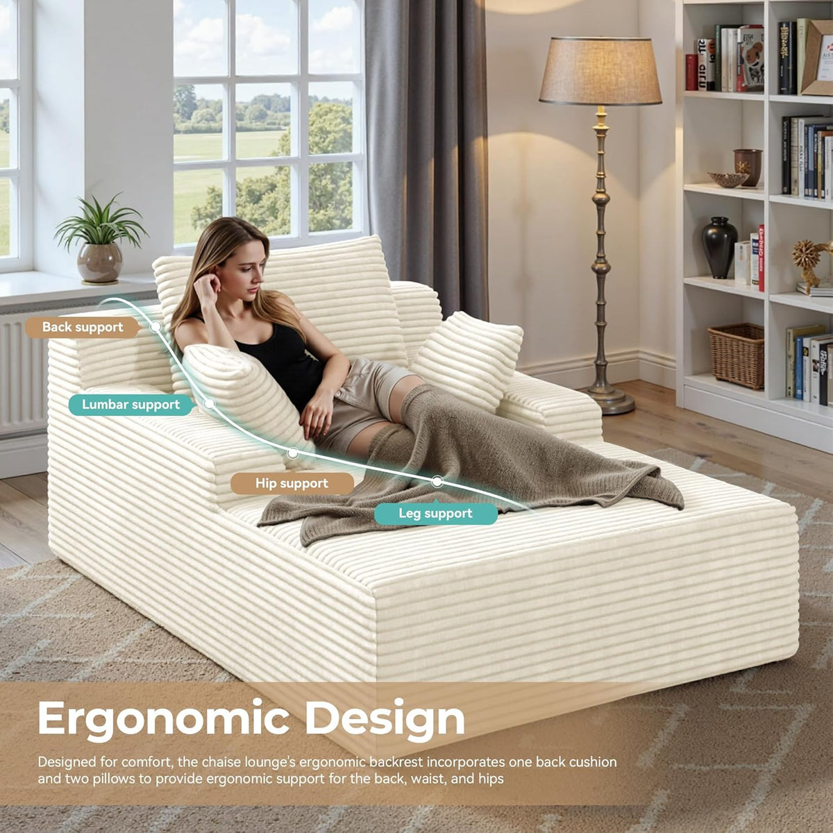 Boneless Couch Modernes Cord Bodensofa mit Schlaffunktion - Cloud Sofa mit Chaiselongue, 3 Kissen, Bequeme Sofa Couch für Wohnzimmer, Keine Montage erforderlich, Beige, 172   130   71