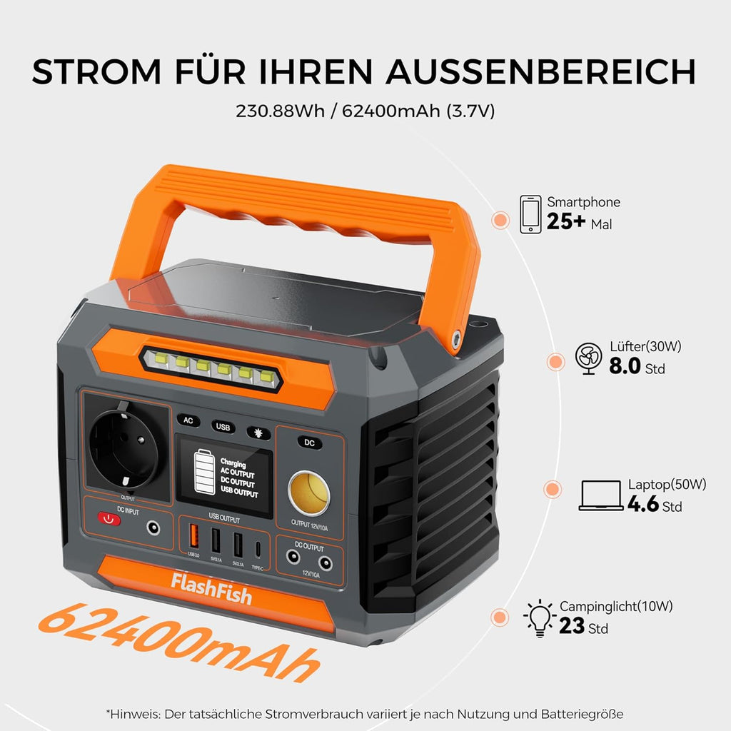 FlashFish 230Wh Tragbare Powerstation mit Solarpanel 60W, Solar Generator 300W(Spitze 600W) mit 2 DC-Anschlüsse, 4 USB-Anschlüsse, LED-Lichter, Notstromaggregat für Camping, Unterwegs,Stromausfälle