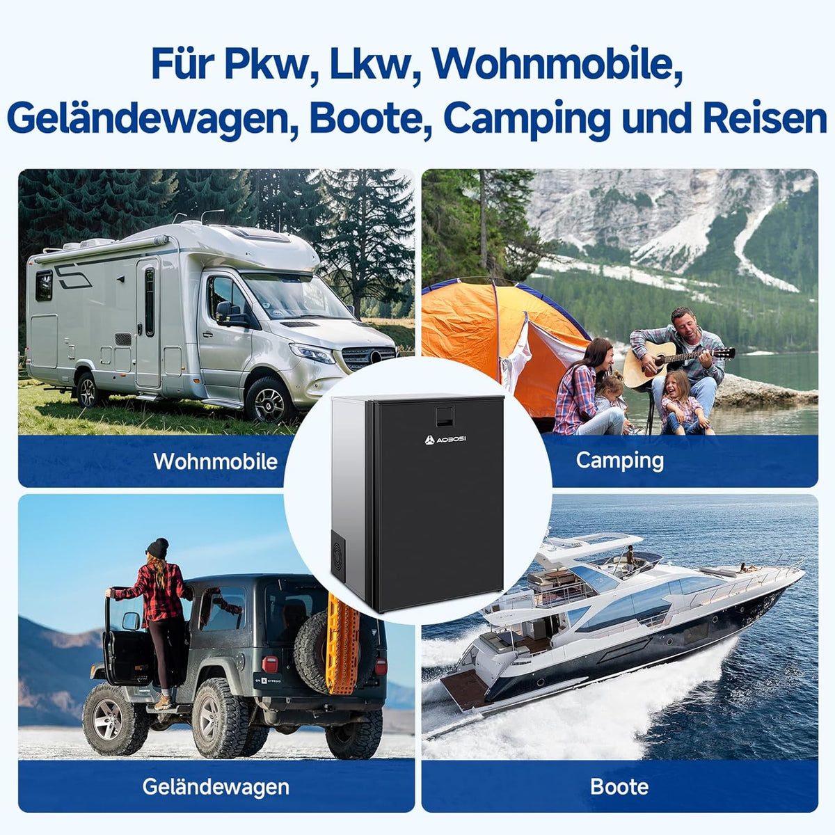 AAOBOSI 110L Kompressor Kühlbox, Zwei Temperaturzonen, Wohnmobil Kühlschrank mit LED-Leuchten, 12/24V DC, Großem Fassungsvermögen Kühlbox Auto, bis -15â„?für Auto, Wohnmobile, Boote, Camping und Reisen