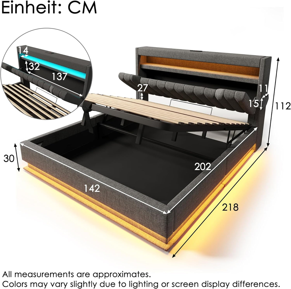 Polsterbett 140x200 cm, Stauraum-Kopfteil mit USB- und Typ-C Ladefunktion, Doppelbett mit Hydraulischem Stauraum, Bettgeltell mit LED und Lattenrost, Leinen, Grau, ohne Matratze
