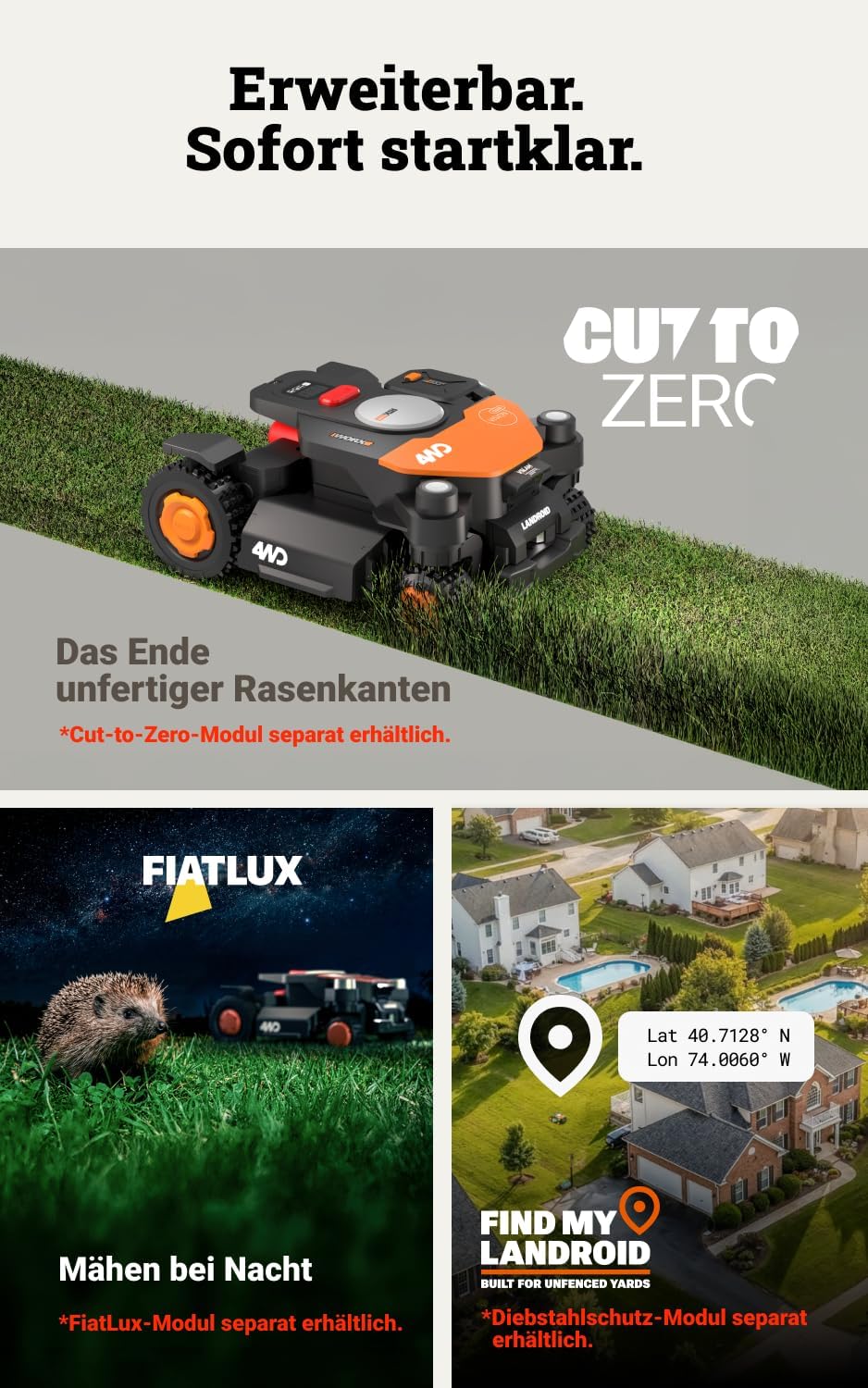WORX Landroid Vision Cloud WR340E 4WD Mähroboter ohne Begrenzungskabel für 600 m² (KI-Hinderniserkennung, VSLAM+ RTK Cloud Navigation, 84% Steigung, Auto-Mapping, App-Steuerung)