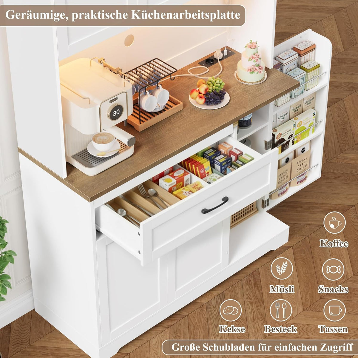 FirFurd 180cm Küchenschrank mit LED & Gewürzregal Buffetschrank Sideboard für Küche mit Steckdosenleiste Küchenschrank mit Arbeitsplatte Küchenbuffet Küchenmöbel 180x100x38cm weiß