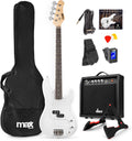 MAX GigKit Bassgitarre Set, E Bass Gitarre, Bass Guitar mit Gitarrenverstärker, Tasche, Stimmgerät, Plektren, Ständer, Gurt, Kabel und Ersatzsaiten - 21 Bünde - Weiß